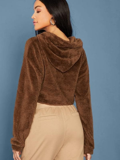 Oversized Drop Shoulder Crop Teddy Hoodie Pullover - Brown