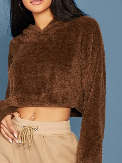 Oversized Drop Shoulder Crop Teddy Hoodie Pullover - Brown