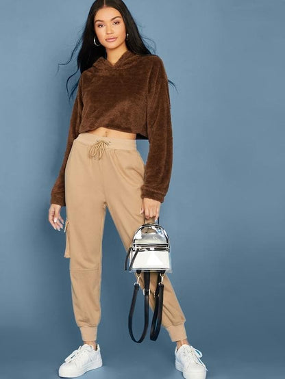 Oversized Drop Shoulder Crop Teddy Hoodie Pullover - Brown