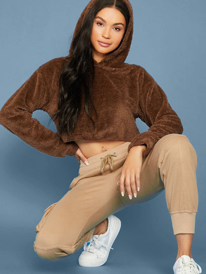 Oversized Drop Shoulder Crop Teddy Hoodie Pullover - Brown