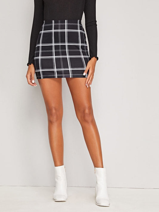 Black and White High Waist Plaid Print Bodycon Mini Skirt