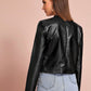 Black Buttoned Stand Collar PU Leather Zip Up Biker Jacket