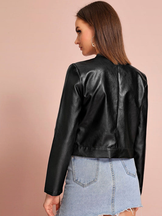 Black Buttoned Stand Collar PU Leather Zip Up Biker Jacket