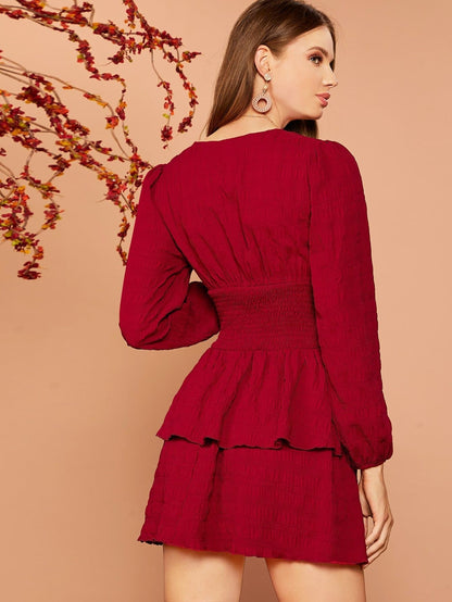 Burgundy V-Neck Lantern Sleeve Shirred Waist Layered Hem Dress