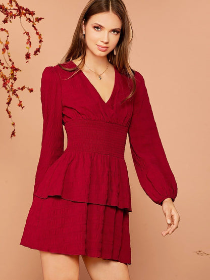 Burgundy V-Neck Lantern Sleeve Shirred Waist Layered Hem Dress