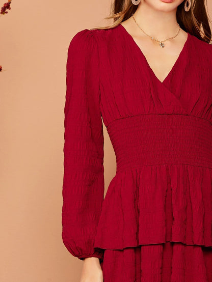 Burgundy V-Neck Lantern Sleeve Shirred Waist Layered Hem Dress