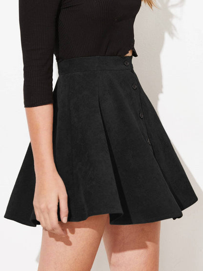 High Waist Button Up Flare Corduroy Mini Skirt