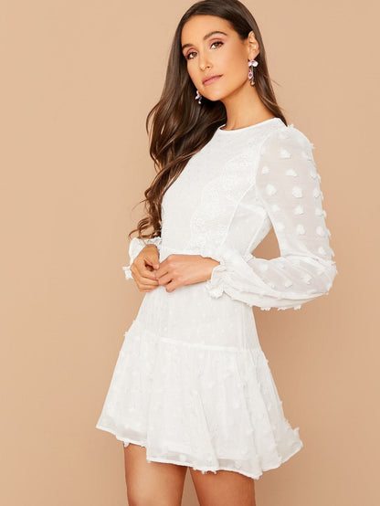 White Round Neck High Waist 3D Appliques Ruffle Hem Flare Dress