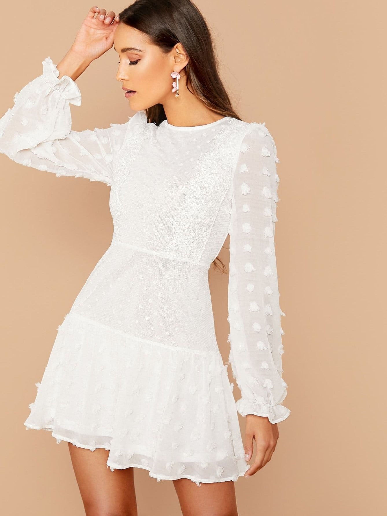 White Round Neck High Waist 3D Appliques Ruffle Hem Flare Dress