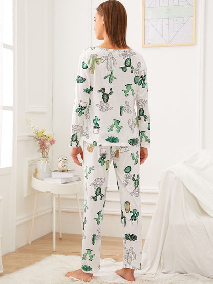 White Round Neck Cactus Print Pyjama Sleepwear Set With Eye Mask