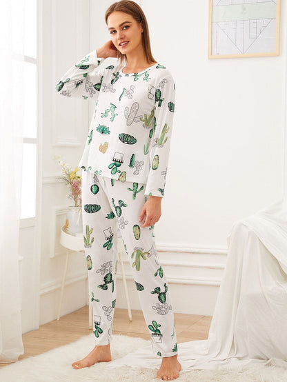 White Round Neck Cactus Print Pyjama Sleepwear Set With Eye Mask