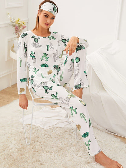White Round Neck Cactus Print Pyjama Sleepwear Set With Eye Mask