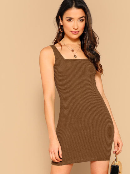 Square Neck Sleeveless Solid Rib-knit Tank Bodycon Dress