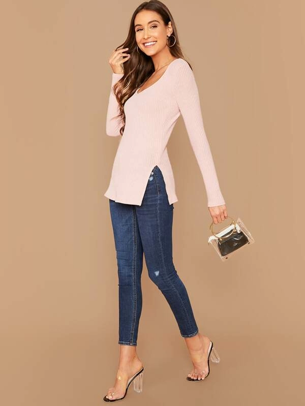 Deep V-Neck Slim Fit Split Side Rib-knit Top