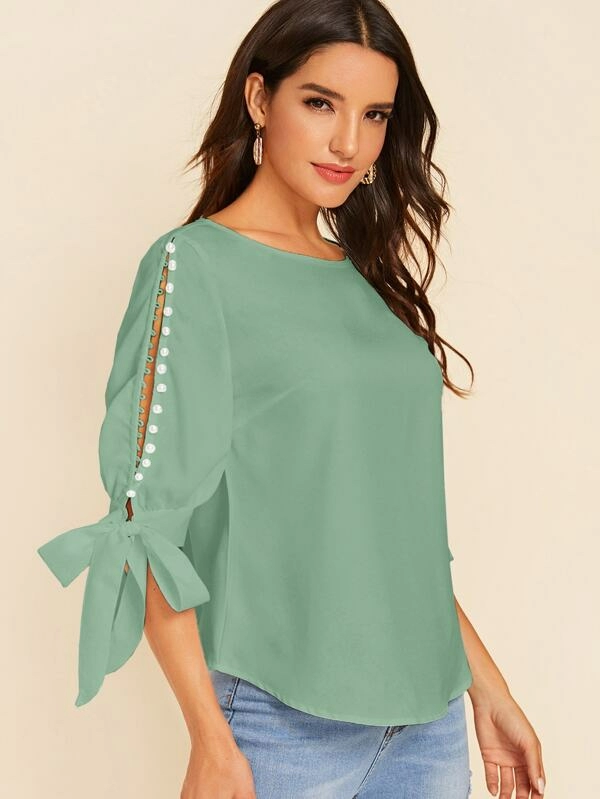 Round Neck Neon Lime Pearl Beaded Split Sleeve Knot Cuff Top - Pastel Green