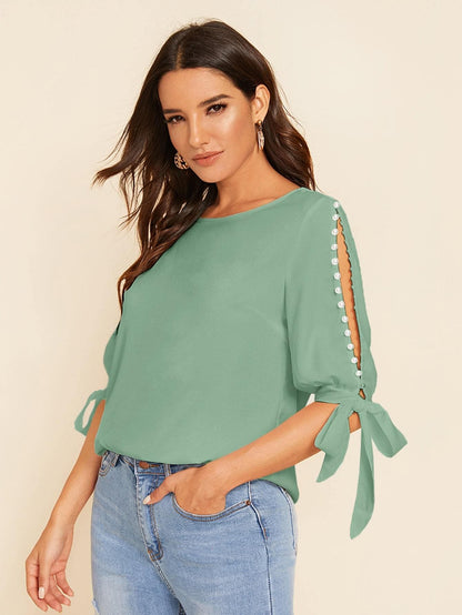 Round Neck Neon Lime Pearl Beaded Split Sleeve Knot Cuff Top - Pastel Green