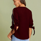 Round Neck Neon Lime Pearl Beaded Split Sleeve Knot Cuff Top - Burgundy