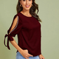 Round Neck Neon Lime Pearl Beaded Split Sleeve Knot Cuff Top - Burgundy