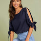 Round Neck Neon Lime Pearl Beaded Split Sleeve Knot Cuff Top - Navy Blue