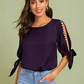 Round Neck Neon Lime Pearl Beaded Split Sleeve Knot Cuff Top - Purple