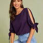 Round Neck Neon Lime Pearl Beaded Split Sleeve Knot Cuff Top - Purple