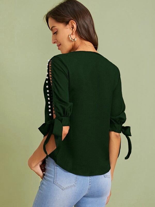 Round Neck Neon Lime Pearl Beaded Split Sleeve Knot Cuff Top - Dark Green