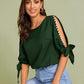 Round Neck Neon Lime Pearl Beaded Split Sleeve Knot Cuff Top - Green