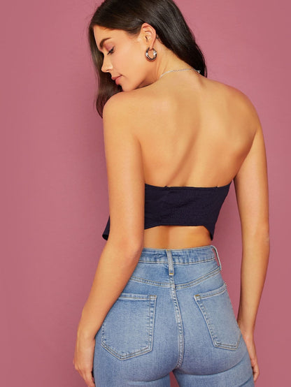 Strapless Sleeveless Solid Hanky Hem Crop Tube Top