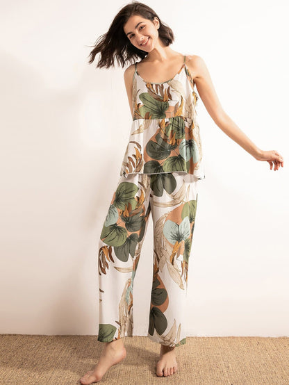 Spaghetti Strap Leaf Print Cami Sleepwear Set With Robe