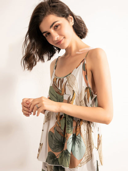 Spaghetti Strap Leaf Print Cami Sleepwear Set With Robe