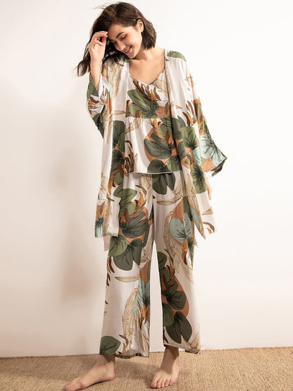 Spaghetti Strap Leaf Print Cami Sleepwear Set With Robe