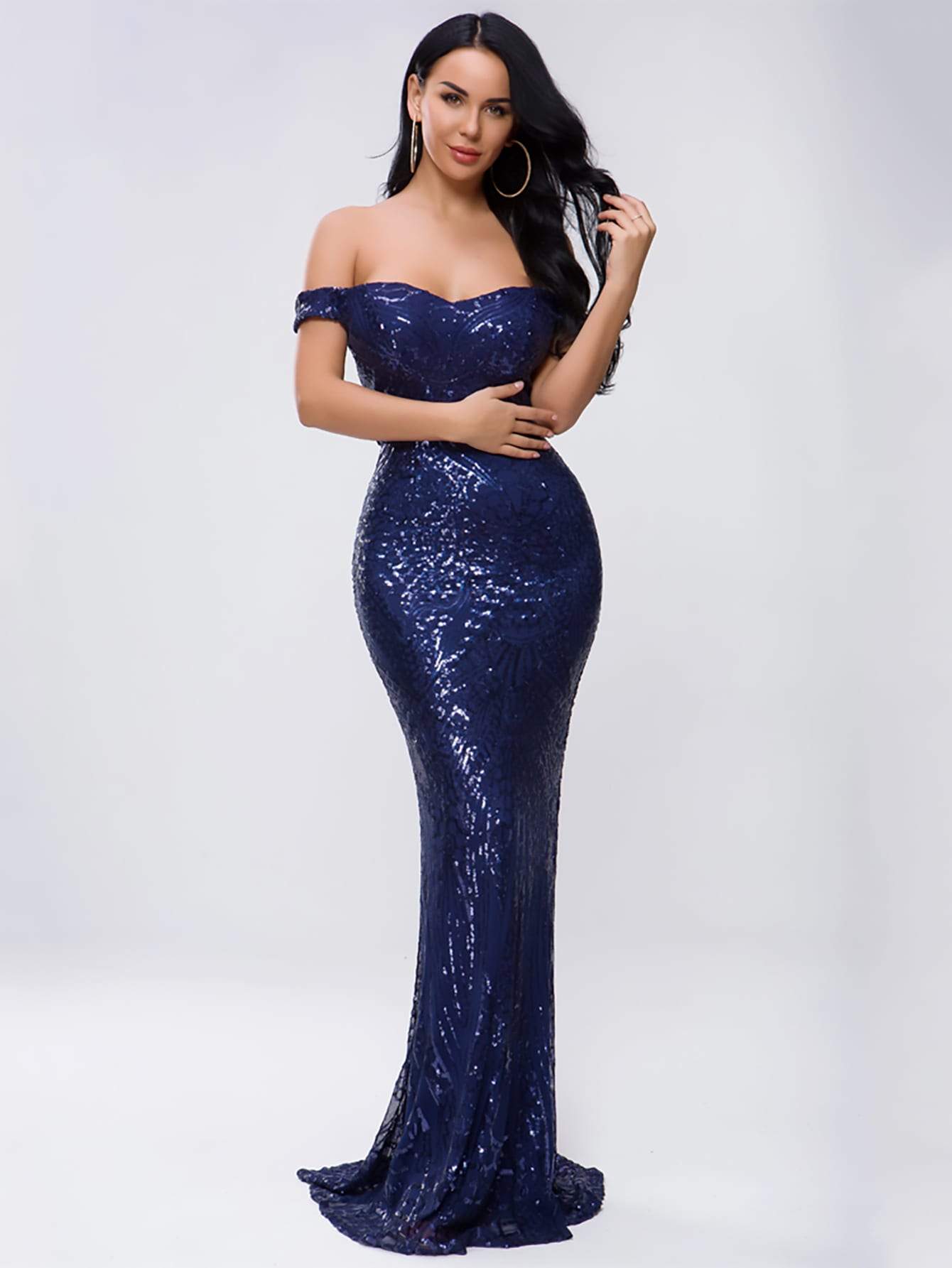 Zip Back Mermaid Hem Bardot Sequin Slim Fit Prom Dress