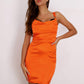 Bright Neon Orange Sleeveless Lace Trim Satin Bodycon Dress