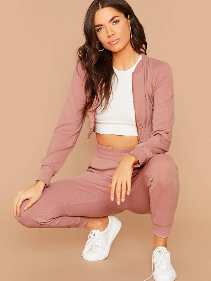 Pastel Pink Stand Collar Raglan Sleeve Bomber Jacket & Joggers Set