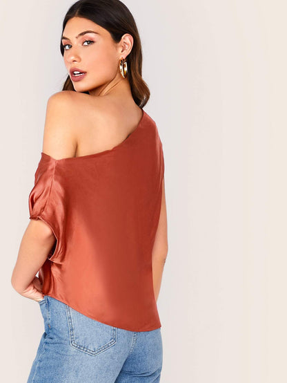 Red Asymmetrical Neck Gathered Shoulder Silky Top