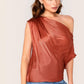Red Asymmetrical Neck Gathered Shoulder Silky Top