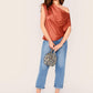 Red Asymmetrical Neck Gathered Shoulder Silky Top