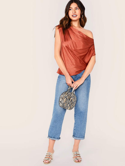 Red Asymmetrical Neck Gathered Shoulder Silky Top