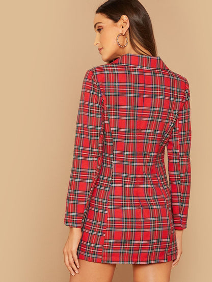 Bright Red Notch Collar Double Breasted Tartan Blazer Dress