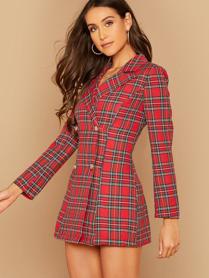 Bright Red Notch Collar Double Breasted Tartan Blazer Dress