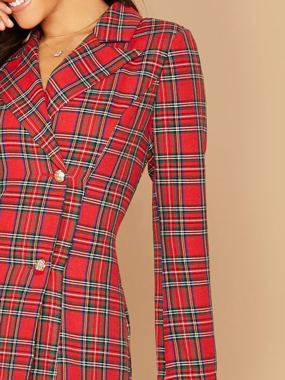 Bright Red Notch Collar Double Breasted Tartan Blazer Dress