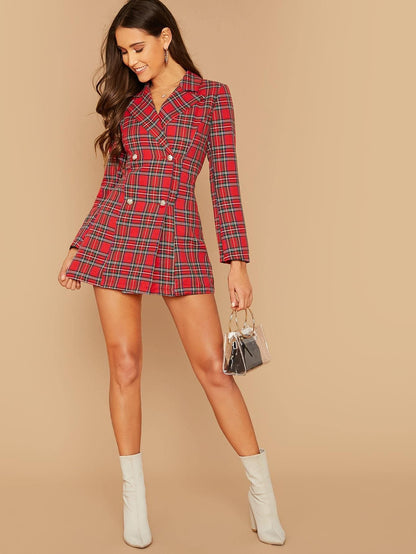 Bright Red Notch Collar Double Breasted Tartan Blazer Dress