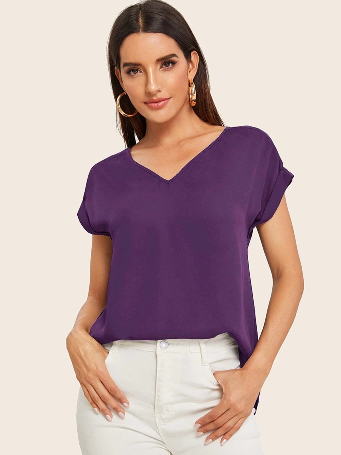 Round Neck Roll Up Sleeve High Low Hem Top