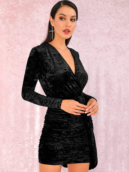 V-Neck Ruched Draped Slim Fit High Waist Velvet Dress