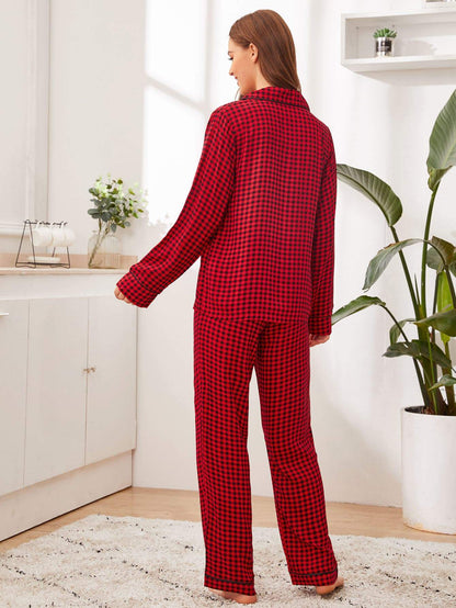 Burgundy Notched Neckline Gingham Button-up Sleepwear Set