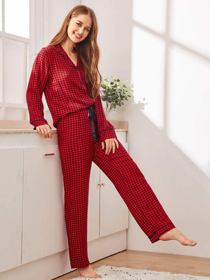 Burgundy Notched Neckline Gingham Button-up Sleepwear Set