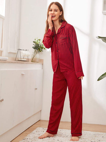 Burgundy Notched Neckline Gingham Button-up Sleepwear Set