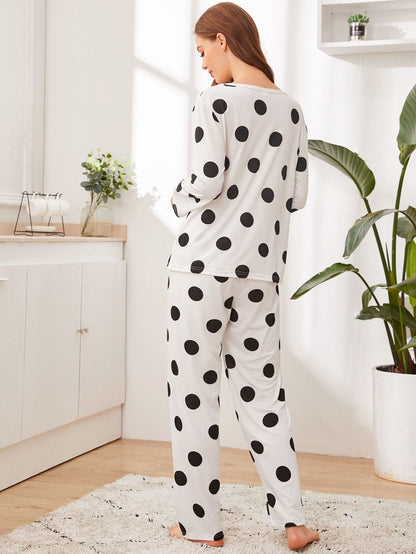 White Round Neck Polka Dot Sleepwear Set