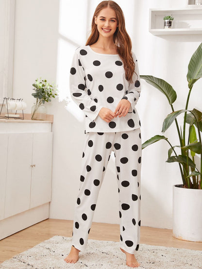 White Round Neck Polka Dot Sleepwear Set