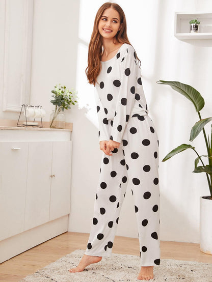 White Round Neck Polka Dot Sleepwear Set